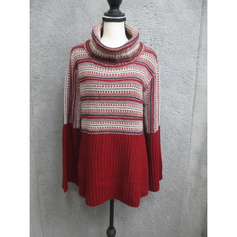 Chunky Knit Boho Sweater Womens L Red Stripe Cowl Neck Bell Sleeve Cabincore